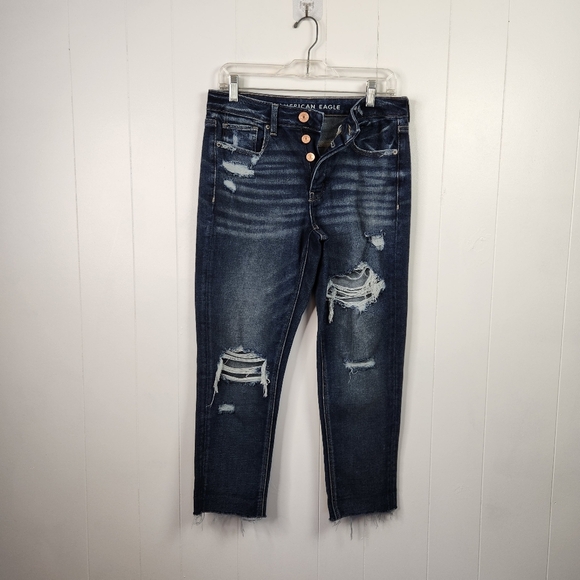 American Eagle AEO Dark Wash Tomgirl Jeans Stretch Cropped Frayed Button Fly 4 - Picture 1 of 13